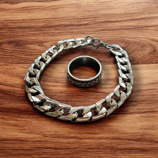 Silver Tone Hand Chain Bracelet And Rotating Chain Ring For Men and Boys